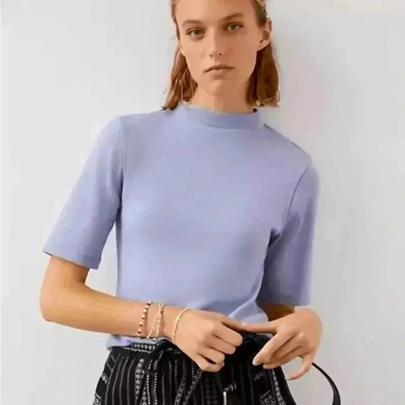 Maeve Tops - Maeve By Anthropologie Ribbed Mock Neck Tee, Sz. XS, Blue/Lavender, Short Sleeve